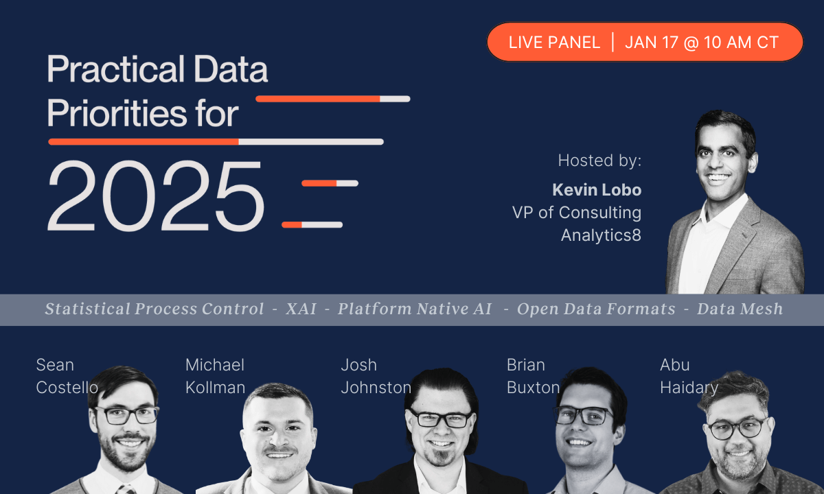 Announcement for a live panel titled "Practical Data Priorities for 2025" hosted by Kevin Lobo with speakers Sean Costello, Michael Kollman, Josh Johnston, Brian Buxton, Abu Haidary on January 17, 10 AM CT. Topics include Statistical Process Control, XAI, Platform Native AI, Open Data Formats, Data Mesh.